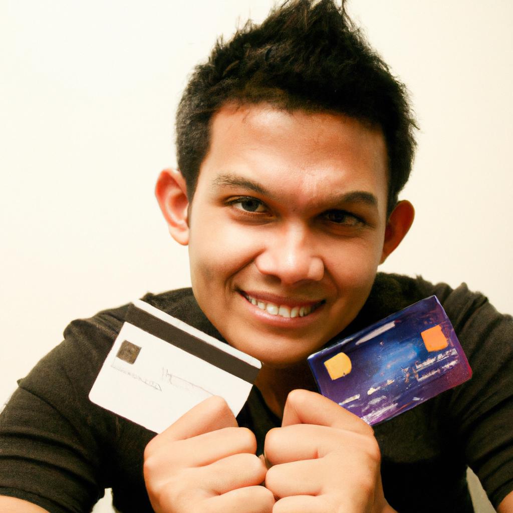 Person holding credit cards, smiling